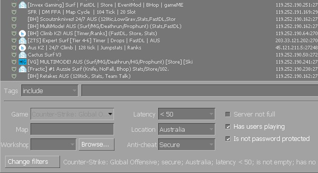 Counter Strike: GO server browser with region filter.
